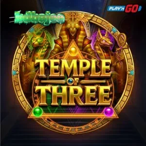 Temple of Three slot game interface featuring Egyptian deities